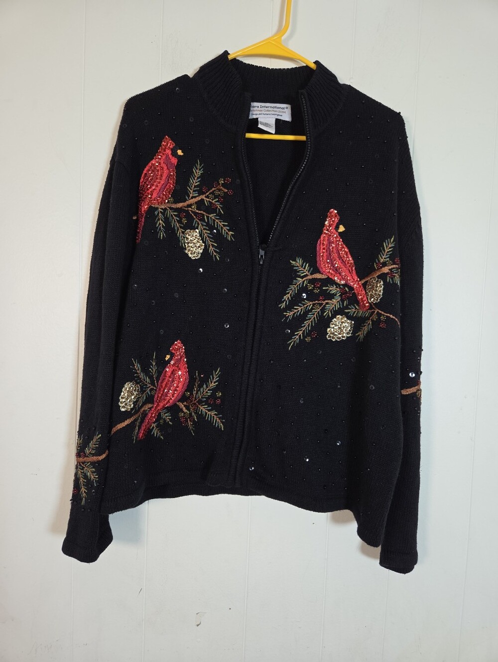 Vtg Tiara International Womens Black Zip Christmas Cardigan Sweater Size XL